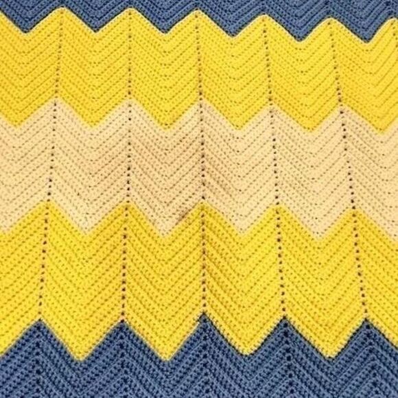 Handmade Vintage Afghan Chevron Crochet Blanket Throw Yellow, Blue 60" X 33" - Picture 6 of 6